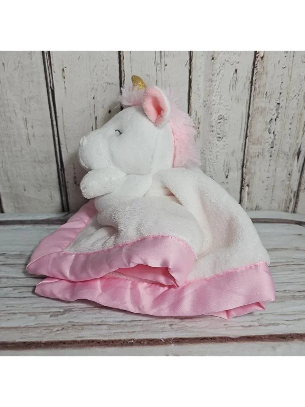 Carters White Unicorn Plush Pink Satin Trim Security Blanket Lovey Gold Horn
